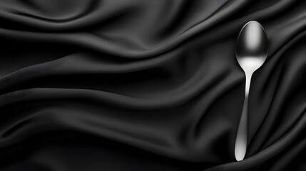 Fototapeta premium A sleek silver spoon rests elegantly on soft, dark fabric, creating a striking and refined visual composition.