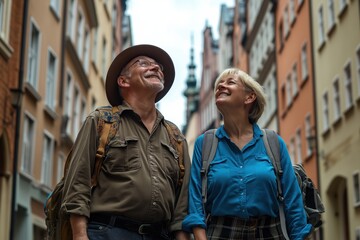 Fototapeta premium Joyful Summer Exploration A Happy Couple Relishing Their Vacation while Strolling through a Picturesque European Street in Sunshine, Creating Beautiful Memories Together with Love and Laughter