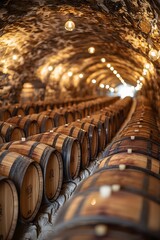 Barrel aging process inside a rustic wine cellar, rows of wooden casks, warm inviting glow, copy space