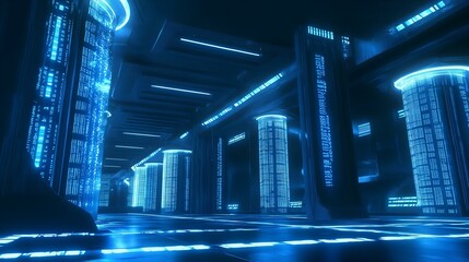 Futuristic data center with glowing blue holographic interfaces and high-tech digital columns in a cyber environment