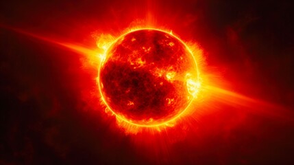 Fototapeta premium Highly Realistic Sun Surface with Solar Flares and Glowing Hydrogen Gas Power. Concept of Red Hot Earth Ball and Eco-Friendly Sunlight