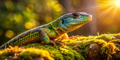 Fototapeta premium Lizard Sunbathing on Rustic Log - Warm Natural Light Architectural Photography
