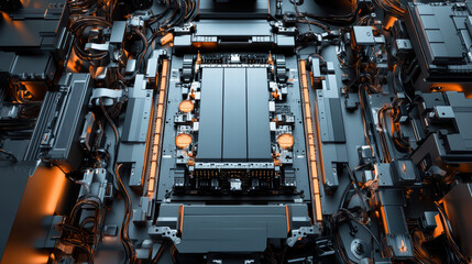 Close up of robotic assembly line featuring electric car battery, showcasing intricate wiring and components in high tech environment