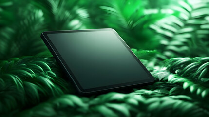 A sleek tablet resting on lush green leaves, showcasing harmony between technology and nature.