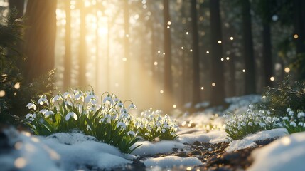 A tranquil forest scene with delicate snowdrops blooming through melting snow, bathed in golden morning sunlight.