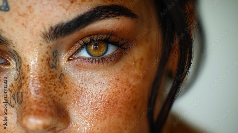 Poster close-up view showcases a mesmerizing eye with rich amber hues. freckles and intricate tattoos add d