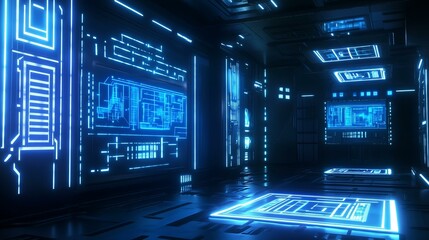 Futuristic digital control room with glowing blue holographic interfaces, high-tech panels, and illuminated pathways.