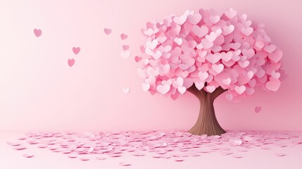 Pink Heart-Shaped Tree with Floating Petals on Soft Pink Background
