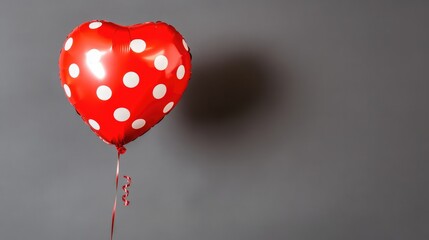 Red Heart Balloon with White Polka Dots on Grey Background