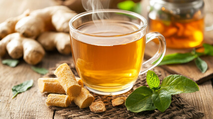 steaming cup of herbal tea with ginger and mint, evoking warmth and comfort