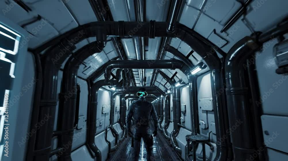 Poster exploring a futuristic spaceship corridor with intricate piping and ambient lights at night