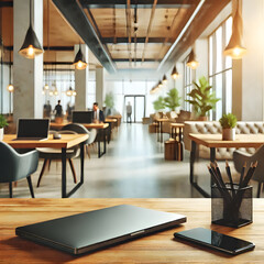 Fototapeta premium A modern open office space with wooden tables, laptops, and plants, featuring a sleek laptop, smartphone, and pencil holder on a wooden desk in the foreground