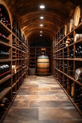 Fototapeta premium Wine storage room with rows of wooden racks and glowing soft lights, upscale refined atmosphere, copy space