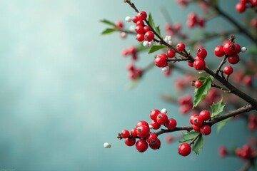 Fototapeta premium Decorated tree branch with red berries and white balls, decorative, branches