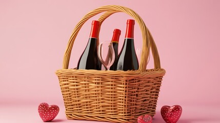 Romantic Picnic Basket with Wine and Hearts with pink background