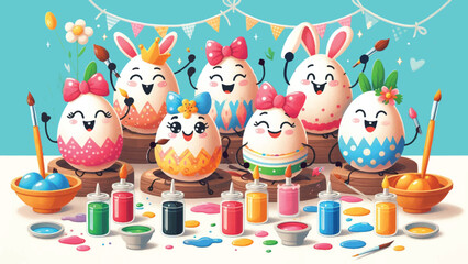 Egg Decorating Party, A group of anthropomorphic eggs with expressive faces painting and decorating themselves with bright patterns, bows, and glitter 