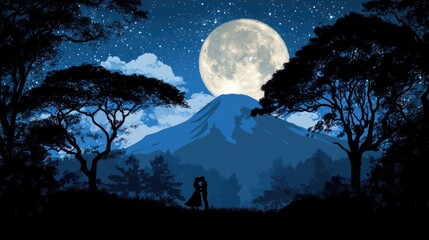 Romantic Silhouette Couple Under Starry Sky and Full Moon