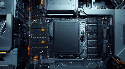Fototapeta premium Close up of high tech assembly line featuring electric car battery components, showcasing intricate wiring and advanced technology. image conveys sense of innovation and precision