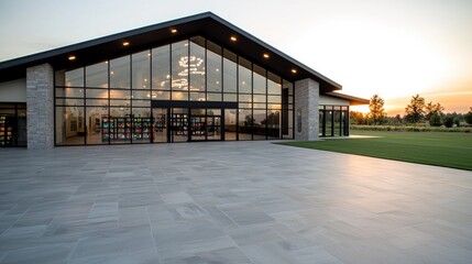 Modern event venue sunset; spacious patio, grassy field