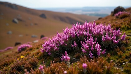 Dense heather clump with purple flowers on a mossy hill, heathland, landscape, brown