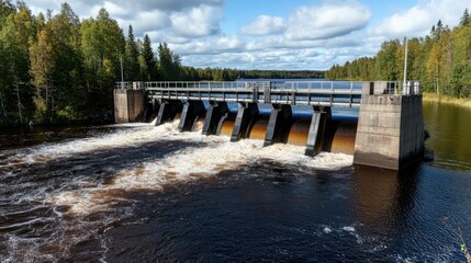 Scenic Hydroelectric Dam Surrounded by Lush Green Forest Landscape