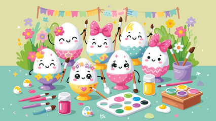 Egg Decorating Party, A group of anthropomorphic eggs with expressive faces painting and decorating themselves with bright patterns, bows, and glitter 