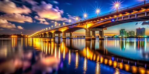 Low Light Bridge Silhouette, Dramatic Night Cityscape, Urban Architecture, River Reflection
