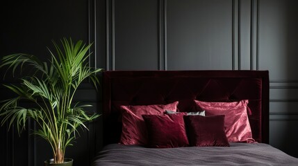 Stylish Black Urban Chic Bedroom with Crimson Red Velvet Headboard, Burgundy Cushions, and a Single Green Potted Plant for Minimalist Aesthetic