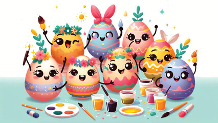 Egg Decorating Party, A group of anthropomorphic eggs with expressive faces painting and decorating themselves with bright patterns, bows, and glitter 