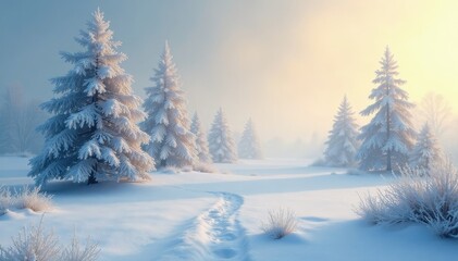 Fototapeta premium Frosty morning landscape with snow-covered trees and misty atmosphere, winter, soft