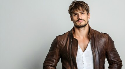 Fototapeta premium Confident and Stylish 30 Year Old Man Wearing a Brown Leather Jacket Standing Tall Against a Light Gray Studio Background with a Modern Polished Fashion Aesthetic and Sharp Lighting