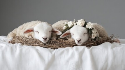 Two Adorable Lambs Resting Together in Cozy Nest with Flowers
