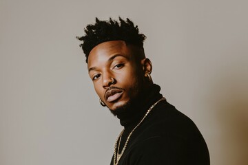 Fototapeta premium Fashion-Forward Man with Bold Jewelry A trendsetting man with a high-fashion look, featuring a single large hoop in his left ear and a bold bridge piercing across the top of his nose. His sleek black 
