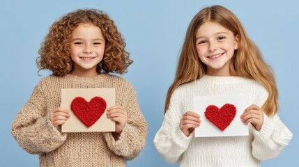 Two Smiling Girls Holding Handmade Heart Cards on Blue Background