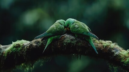 Two Vibrant Green Birds Nestled Together on a Branch in Nature
