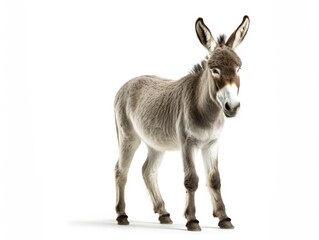 Fototapeta premium Isolated Donkey Standing Proud. A Headstrong Dun Farm Animal on White Background, Perfect for Domestic and Zoo Concept Designs