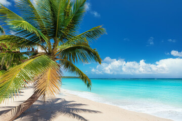 Fototapeta premium Sandy beach with coconut palm trees in the turquoise sea on Paradise island. Royalty high-quality free best stock of Panoramic beach landscape. Inspire tropical beach seascape horizon, Summer vacation