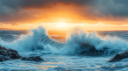 Fototapeta premium Waves crashing against rocks during a vibrant sunset at the ocean shore