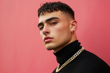 Obraz premium Fashion-Forward Man with Bold Jewelry A trendsetting man with a high-fashion look, featuring a single large hoop in his left ear and a bold bridge piercing across the top of his nose. His sleek black 
