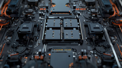 Fototapeta premium Close up of robotic assembly line featuring electric car battery components, showcasing intricate wiring and advanced technology. image highlights precision and complexity of modern manufacturing