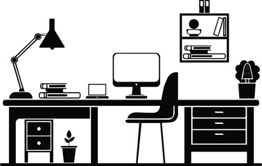 Office Workplace modern desk, Silhouette table with furniture and laptop book equipment Silhouette vector illustration