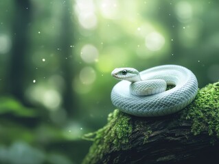 Fototapeta premium Coiled White Snake Resting on Mossy Log 