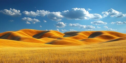 Obraz premium A breathtaking view of golden rolling hills under a vibrant blue sky, dotted with fluffy white clouds, creating a serene and tranquil landscape that captivates the senses.