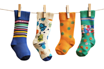 Isolated Display of Four Brightly Colored Socks Hanging on a Clothesline