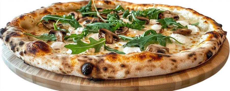 A delicious pizza topped with mushrooms, arugula, and creamy cheese, served on a wooden board.