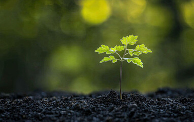 Sprout growing in dark soil, forest background, new life