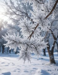 Hoarfrost on snow-covered tree branches in chilly winter weather, crystalized, wintry, wintertime, frosty design, hoary