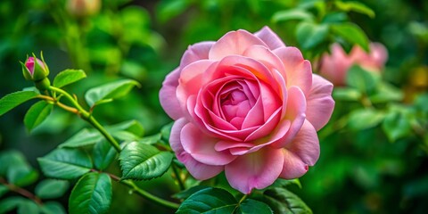 Lush Green Garden: Macro Aerial View of Blooming Blush Rose