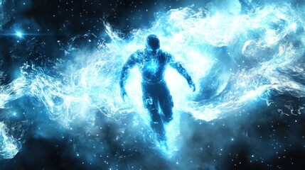 Celestial Being: A cosmic figure engulfed in ethereal blue flames, traversing the vast expanse of space.