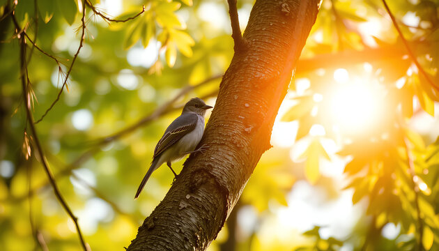Bird on tree on sunnylight forrest